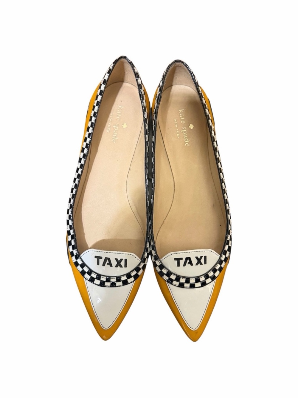 kate spade yellow patent taxi pointed-toe flats with checker trim